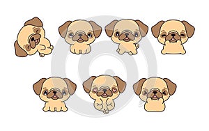 Collection of Vector Cartoon Pug Puppy Art. Set of Kawaii Isolated Animal Illustrations for Prints for Clothes, Stickers