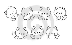 Collection of Vector Cartoon Ragamuffin Kitty Coloring Page. Set of Kawaii Isolated Animals Outline for Stickers, Baby