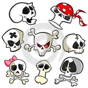 A collection of vector cartoon skulls in various styles. Skull icons. Halloween elements for party decoration