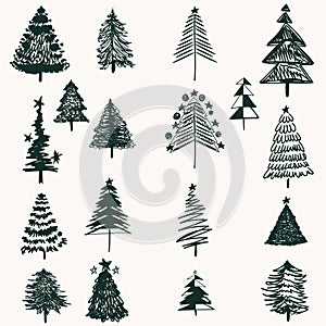Collection of vector Christmas trees in doodle rustic style