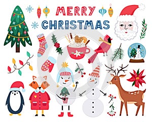 Collection of cute Christmas and New Year flat cartoon elements. Santa Claus, tree. Vector illustration isolated on white.