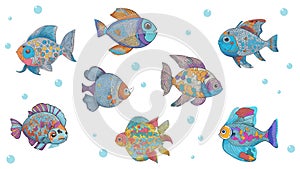 Collection of vector cute fishes in flat style. Set of cartoon colorful fish. Vector illustration. Isolated