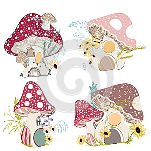 Collection of vector cute mushroom houses in vintage cartoon style