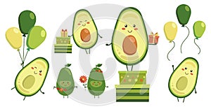 Diverse collection of vector cute smiling avocado heroes isolated on white. Set of fruit characters with flying yellow