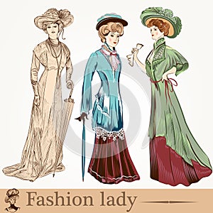 Collection of vector fashion ladies wearied in old-fashioned clothiers