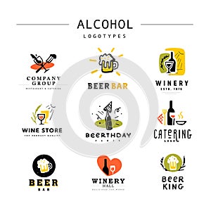 Collection of vector flat alcohol beverages logo set isolated on white background.