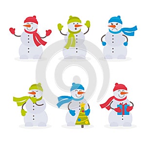 Collection of vector flat colorful snowmen on white background