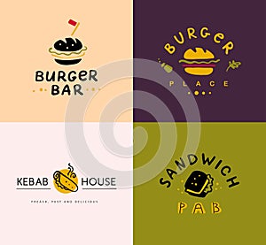 Collection of vector flat fast food logo set isolated on white background.