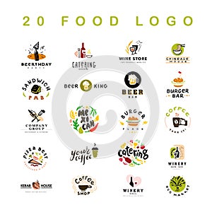 Collection of 20 vector flat meal, fast food, coffee and alcohol logo and icons set isolated on white background.