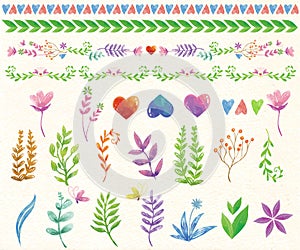 Collection vector flowers branches and leaves in vintage watercolor style