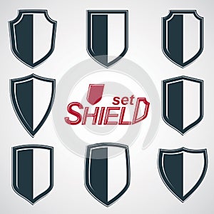 Collection of vector grayscale defense shields, protection design graphic elements.