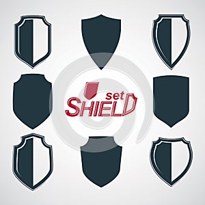 Collection of vector grayscale defense shields, protection design graphic elements.