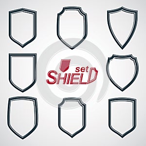 Collection of vector grayscale defense shields, protection design graphic elements. High quality heraldic illustrations on