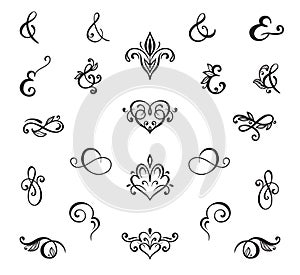 Collection of vector hand drawn curls and ampersand forms for design frames, invitations, greeting cards, menu