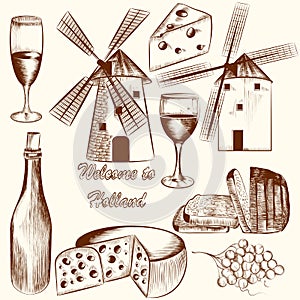 Collection of vector hand drawn elements cheese, wine and Hollan