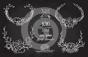 Collection of vector hand drawn floral elements in boho style