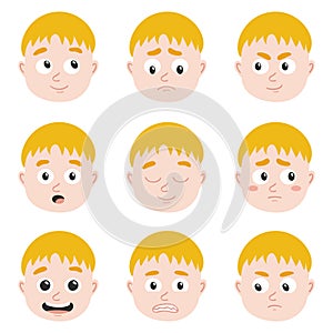 Collection of vector heads with different emotions avatars. Kind character blond boy with different mood.