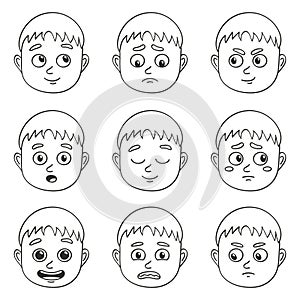 Collection of vector heads with different emotions avatars. Kind character blond boy with different mood.