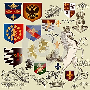 Collection of vector heraldic decorative elements fleur de lis,