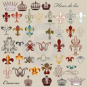 Collection of vector heraldic fleur de lis and crowns photo