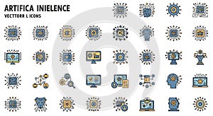 Collection of vector icons representing artificial intelligence concepts. Icons include