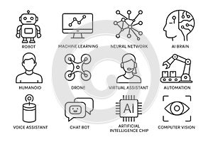 A collection of vector icons representing key concepts in AI, robotics, and automation, including robots, machine learning, and vi
