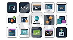 Coding and Programming Icons Set with Development and Technology Symbols