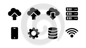 Collection of vector icons. Set of isolated computing and networking icons representing data transfer database and server