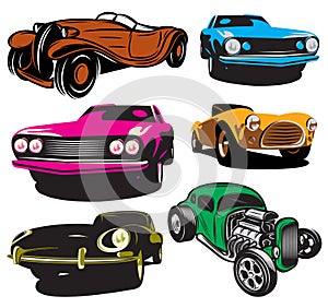 Collection of vector illustration with colored classic cars