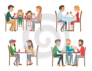 Collection of vector illustration on the theme of people in cafe