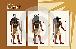 A collection of vector illustrations by the ancient Egyptian gods Thoth, Khepri and Anubis from the ankh.