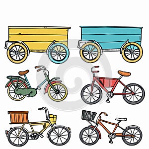 Collection vector illustrations featuring various bicycles cargo trailers brightly colored. Simple