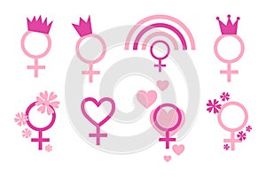 Collection vector illustrations with pink female gender signs symbols - for woman rights, girl power. Break the Bias