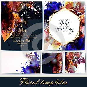 Collection of vector invitation templates with floral and spot e