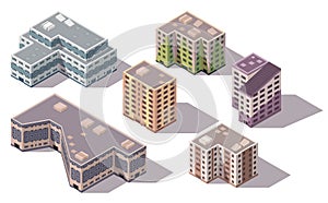 Collection of vector isometric high rise buildings and street elements with place for parking. City or town map