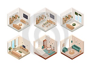 Collection of vector isometric low poly cozy rooms with various furniture. Modern vector illustration.