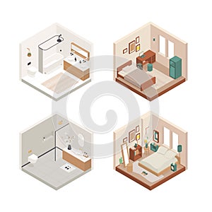 Collection of vector isometric low poly cozy rooms with various furniture. Modern vector illustration.