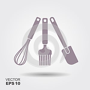 A collection of vector kitchen utensil silhouettes. Cooking spatula, whisk and a cooking brush