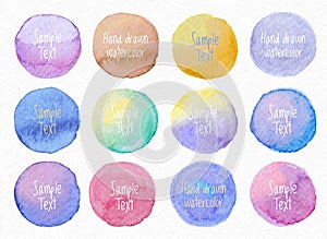 Collection Vector label tag elements Set Watercolor brush paint strokes circle shape from a hand drawn on the white paper texture