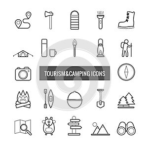 Collection of vector line tourism and camping icons for web design