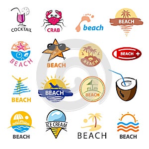 Collection of vector logos beach, palm trees, sea