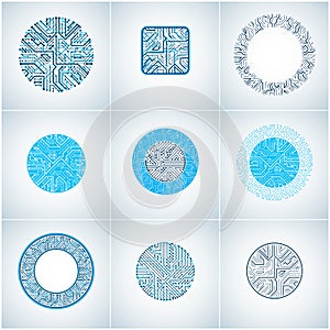 Collection of vector microchip designs, cpu. Information communication technology elements, blue circuit boards in the shape of s