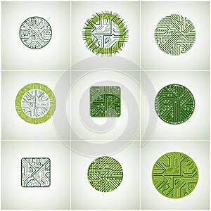 Collection of vector microchip designs, cpu. Information communication technology elements, green circuit boards in the shape