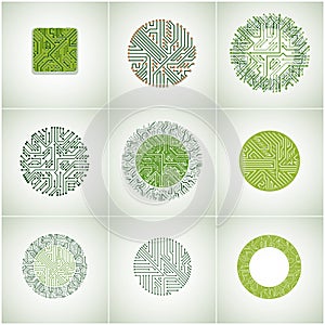 Collection of vector microchip designs, cpu. Information communication technology elements with multidirectional arrows, circuit