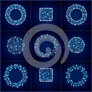 Collection of vector microchip designs, cpu. Information communication technology elements with sparkles, blue luminescent