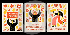 Collection of vector postcard templates for international women`s day with protesting women with banners and megaphone