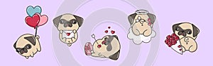 Collection of Vector Pug Dog Art. Set of Isolated Puppy Clipart Illustration. Cute Vector Animals