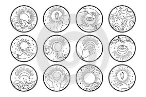 Collection of vector round icons with abstract hands, clouds, sun, moon and stars isolated on white background. Set of mysterious