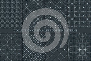 Collection of vector seamless dotted patterns - dark geometric elegant design. Minimalistic stylish prints. Black trendy