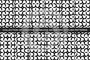 Collection of vector seamless geometric patterns with creative unusual shapes. Stylish black and white curve textures.